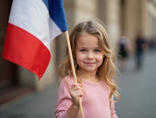 Young girl outdoors smiling and waving a French flag.