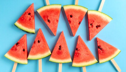 Watermelon slices on sticks on blue.