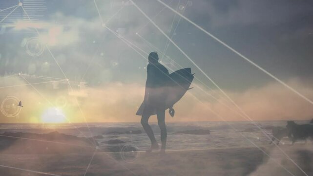 Surfer carrying board entering sunset shore for surfing while tech overlay showing dogs running