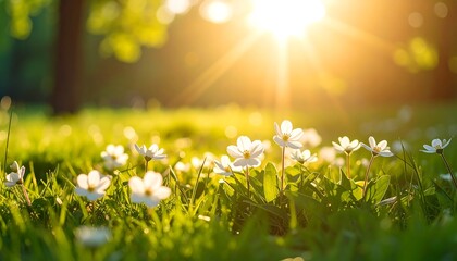 White flowers in sunny spring meadow.
