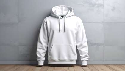 White hoodie clothing apparel mockup on wall.