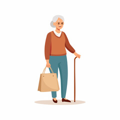 Vector of an older woman standing with a walking stick and a reusable shopping bag, styled simply and respectfully.