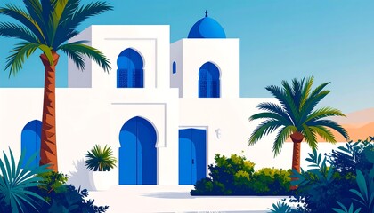 White house with blue door and palms.