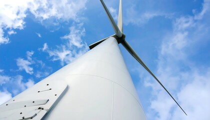 Wind turbine against blue sky with low angle.