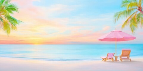 Obraz premium Tropical beach sunset paradise pastel illustration. Serene ocean vacation with palm, relaxation, and tranquil sky. Summer landscape, dreamy destination, perfect for decor or travel concept.