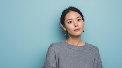 Obraz premium ブルー背景と落ち着いた日本人女性