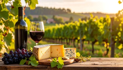 Wine with cheese, and grapes in vineyard. (1)