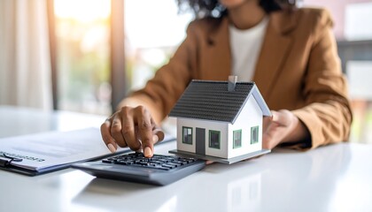 Woman calculating house costs on desk.