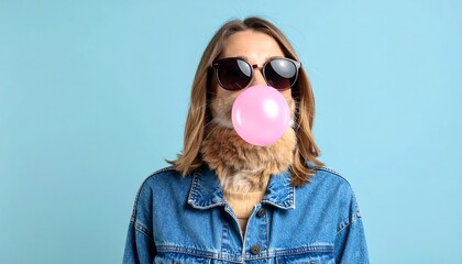 Woman blowing bubblegum with sunglasses.