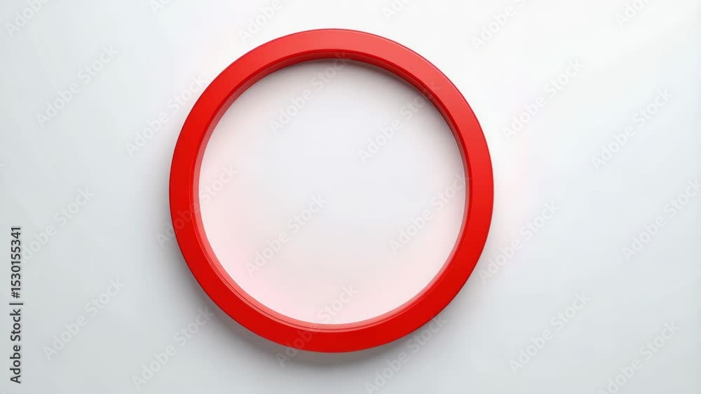 Poster a 3d render animation of a simple red circle rotating slightly on a bright white background with sub