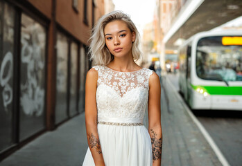 young attractive woman with blond-white dyed hair wearing white wedding dress with thoughtful facial expression and doubts and standing at a bus stop