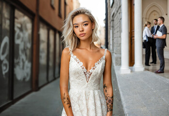 young attractive woman with blond-white dyed hair wearing a white wedding dress, doubts and standing in front of the church entrance where wedding guests are already waiting