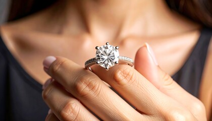 Woman Holding Diamond Engagement Ring.