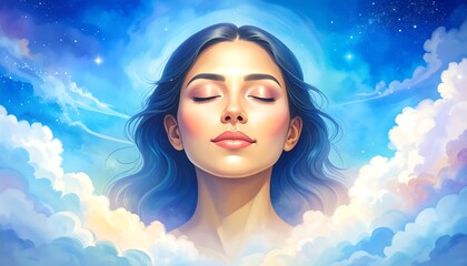 Woman in clouds with peaceful expression.