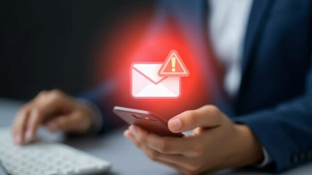 Email hacked warning alert notification, junk mail, scam malware spreading virus on message alert virtual on smartphone. potential cybersecurity threats and warnings. - Powered by Adobe