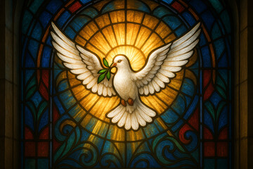 White Dove with Olive Branch in Stained Glass Window – Biblical Symbol of Peace and Holy Spirit Light