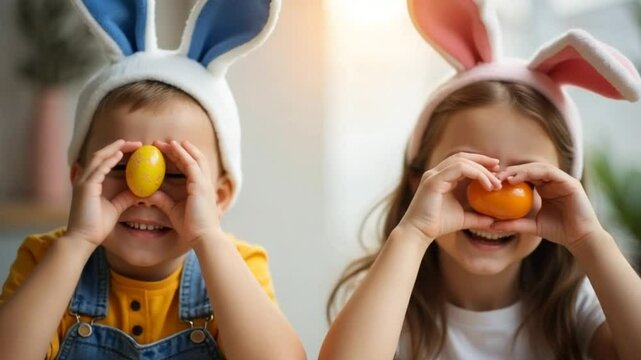 Happy easter! funny funny children with ears hare getting ready for holiday