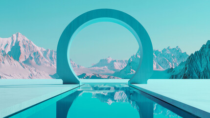 Fototapeta premium 3D Futuristic Glowing Ring Over Tranquil Water, Surreal Landscape with Icy Mountains and Clear Blue Sky in a Dreamy Product Display Abstract Scene