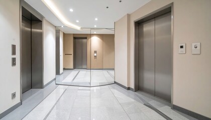 Obraz premium Symmetrical interior view of modern office lobby with elevators access