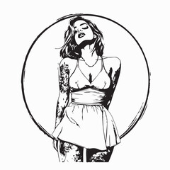 Young Beautiful Woman Tattoo Sexy Girl Vector Image Isolated on white Background.