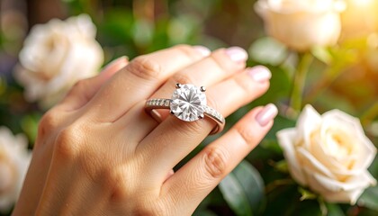 Womans hand with engagement ring.
