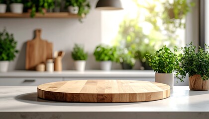 Wooden cutting board in bright kitchen.