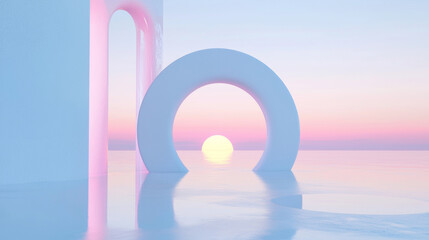 3D Serene Surreal Landscape with Glowing White Geometric Rings, Reflecting the Soft Sunset on Calm Water in a Dreamlike Scene Product Display Podium