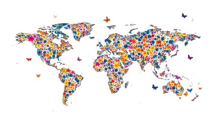 World map made of colorful flowers and butterflies.