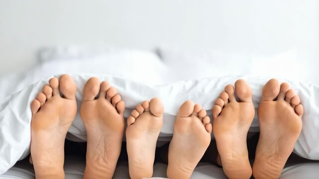Feet of three persons sticking out from under a white duvet cover on a bed indoors in a bedroom