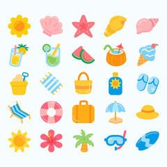 Bright flat summer icons including beach, drinks, fruits, sun, palm, and vacation items. Perfect for seasonal design and holiday themes.