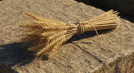 Golden Wheat Ears Tied with Twine on a Stone Surface