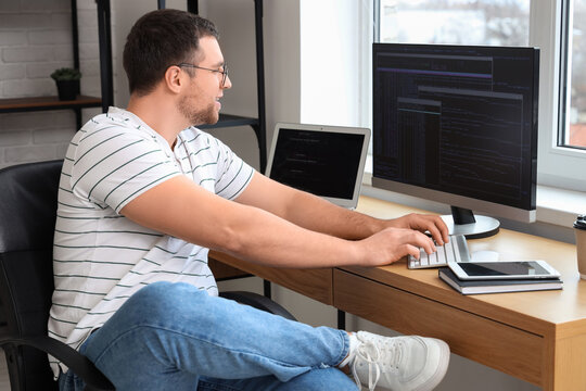 Relaxed male programmer working with computer in office