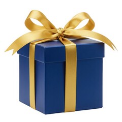 Blue gift box with gold ribbon isolated on white background