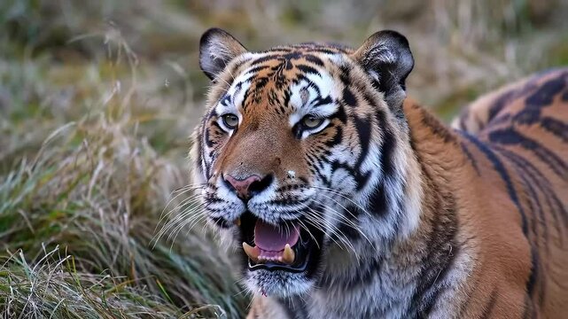 Siberian tiger (Panthera tigris altaica) on the hunt, cat attacks its prey