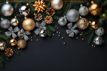 Elegant Christmas Decorations: Gold and Silver Ornaments on Fir Branches