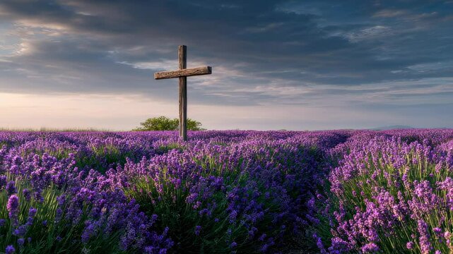 An enchanting image of a cross nestled ast a field of lavender, representing the calming and healing powers of faith in a turbulent world.