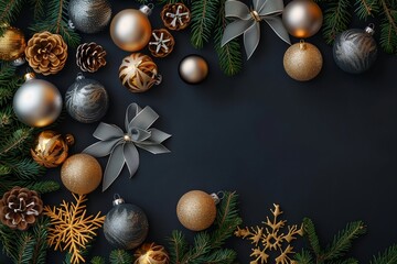 Elegant Christmas Ornaments with Pine and Metallic Accents on Dark Background