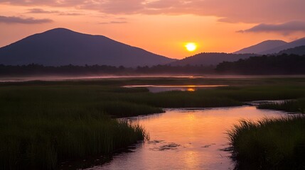 Fototapeta premium Sunrise over a tranquil marsh landscape.