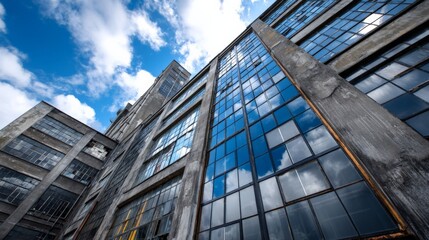 Modern industrial building with glass windows reflecting the sky and clouds