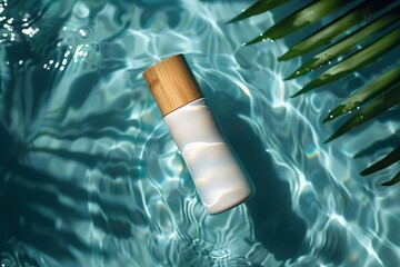 Elegant Cosmetic Bottle Floating Amidst Tropical Water with Vibrant Leaf Shadows