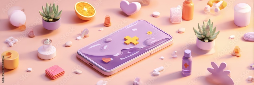 Poster phone melting into wellness icons with clean upper zone showcasing relaxation and mindfulness elemen