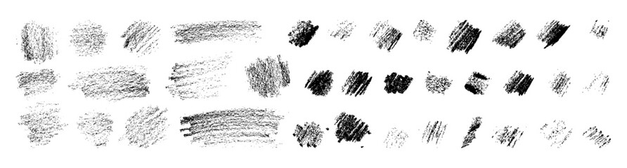 Crayon pencil hand-drawn gritty vector texture collection. Grungy grainy halftone vintage hatching design elements. Black crosshatch charcoal scribbles on white bg. Punk grunge hatch textures set