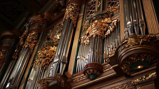 Closeup of a grand pipe organ, with intricate pipes and keys, serving as the musical centerpiece for hymns and religious songs during services.