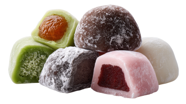 Colorful and delicious Japanese mochi desserts displayed together. transparent background
