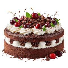 Delicious chocolate cake topped with cherries and whipped cream. transparent background