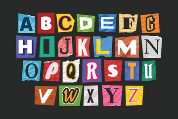 Ransom alphabet font collection. Cut paper newspaper and magazine letter. Retro torn typography y2k style.