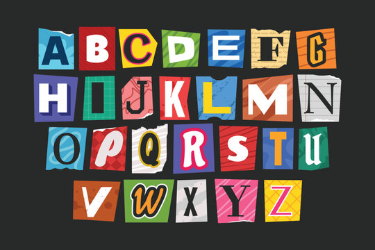 Ransom alphabet font collection. Cut paper newspaper and magazine letter. Retro torn typography y2k style.