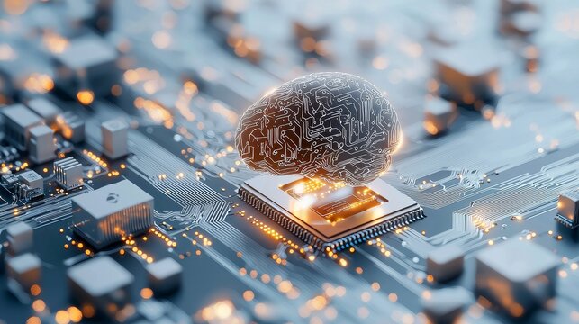 Artificial intelligence brain integration digital landscape conceptual art technology close-up futuristic ideas