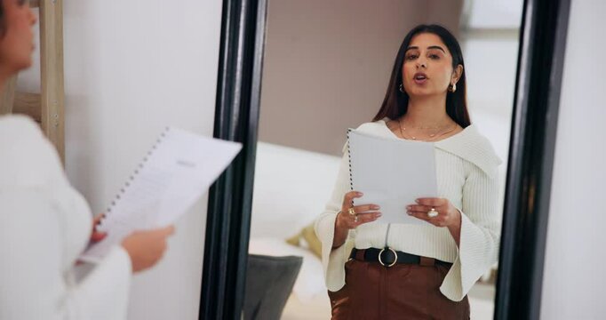 Business, woman and rehearsal with document in mirror for finance presentation, seminar or pitch. Reflection, keynote speaker and practice summit speech in home for career development and preparation