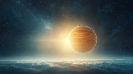 Obraz premium Celestial event planetary sunrise over nebula clouds science fiction landscape cosmic view awe-inspiring concept